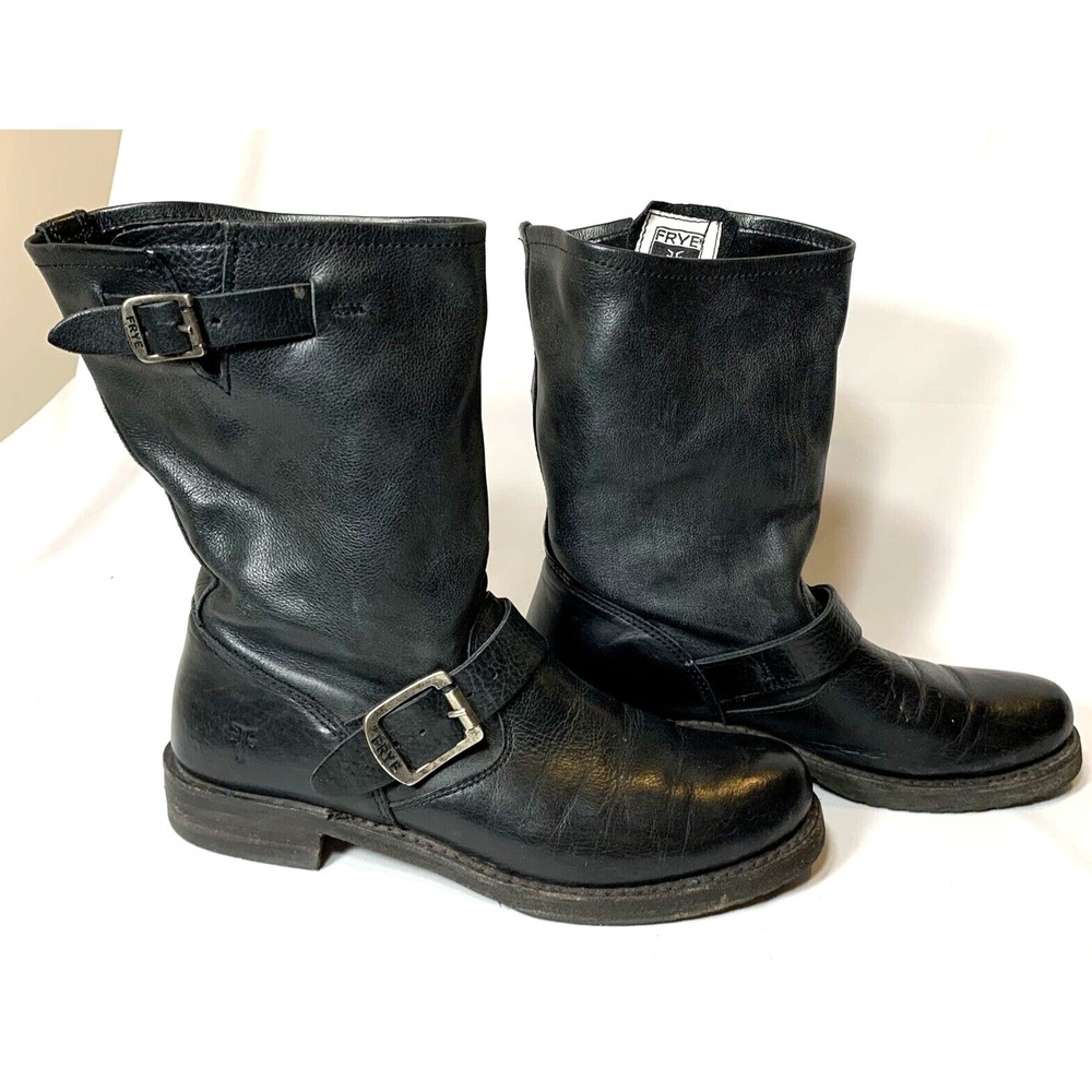 Frye Veronica Boots Women’s 7 black leather Moto Biker 76509 Pull on Mid Calf
